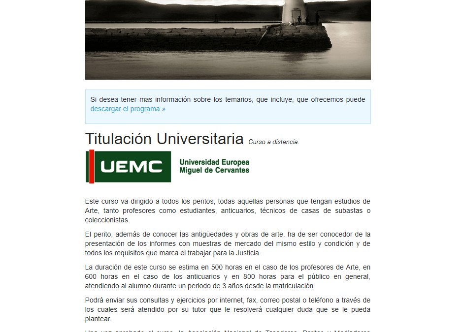 Plantilla email curso perito antigüedades